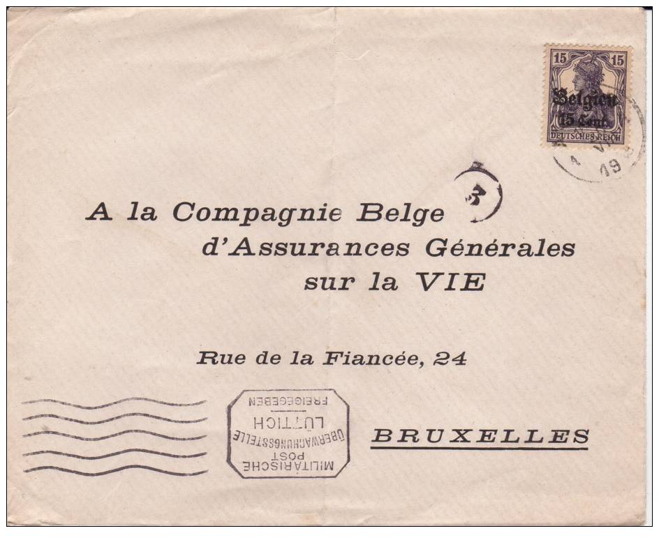 BELGIUM OCCUPATION USED COVER 1918 CANCELED BAR - OC1/25 Generaal Gouvernement