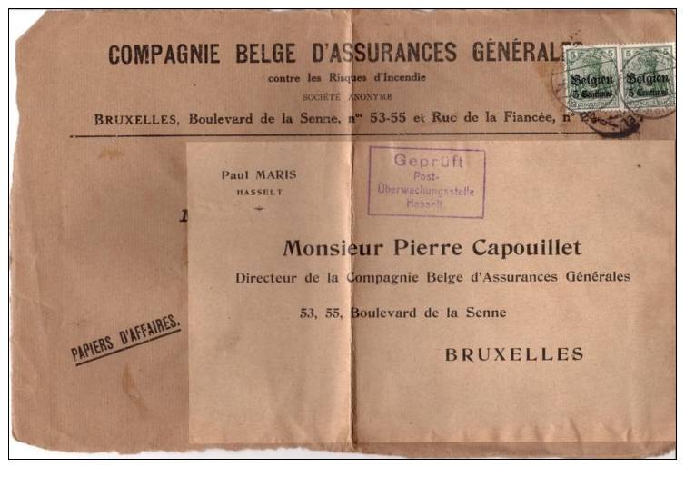 BELGIUM OCCUPATION USED COVER 1918 CANCELED BAR HASSELT - OC1/25 General Government