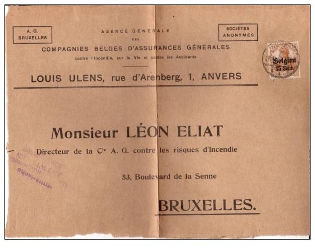 BELGIUM OCCUPATION USED COVER CANCELED BAR - OC1/25 General Government