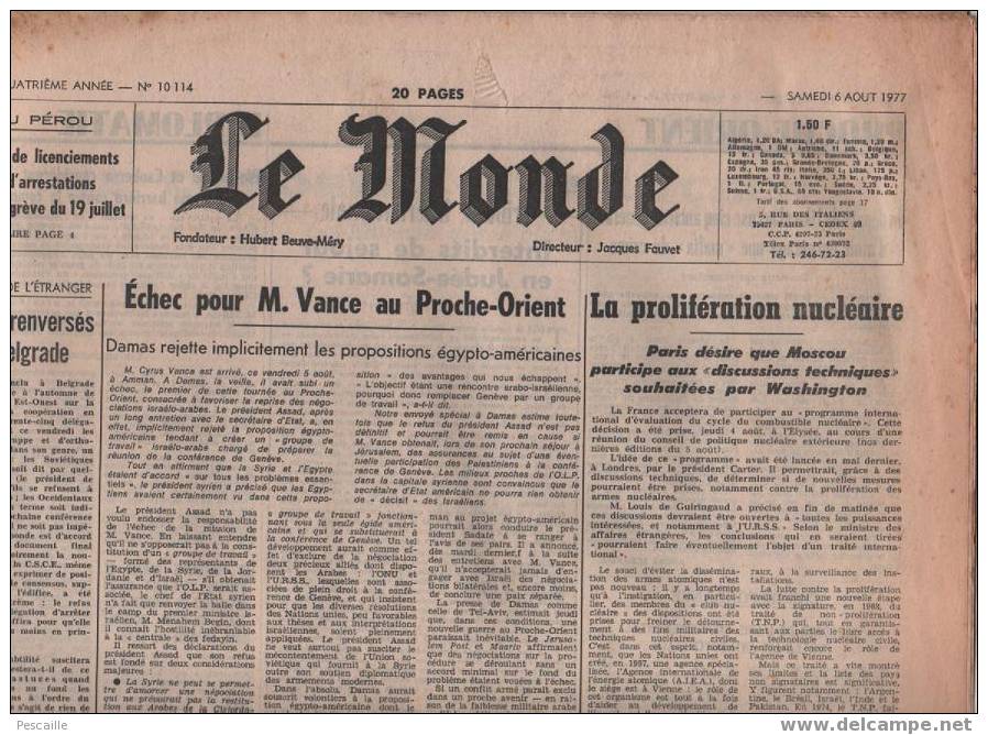 Le Monde 6 Août 1977 - Belgrade - Damas - Opéra De Paris ... - Allgemeine Literatur