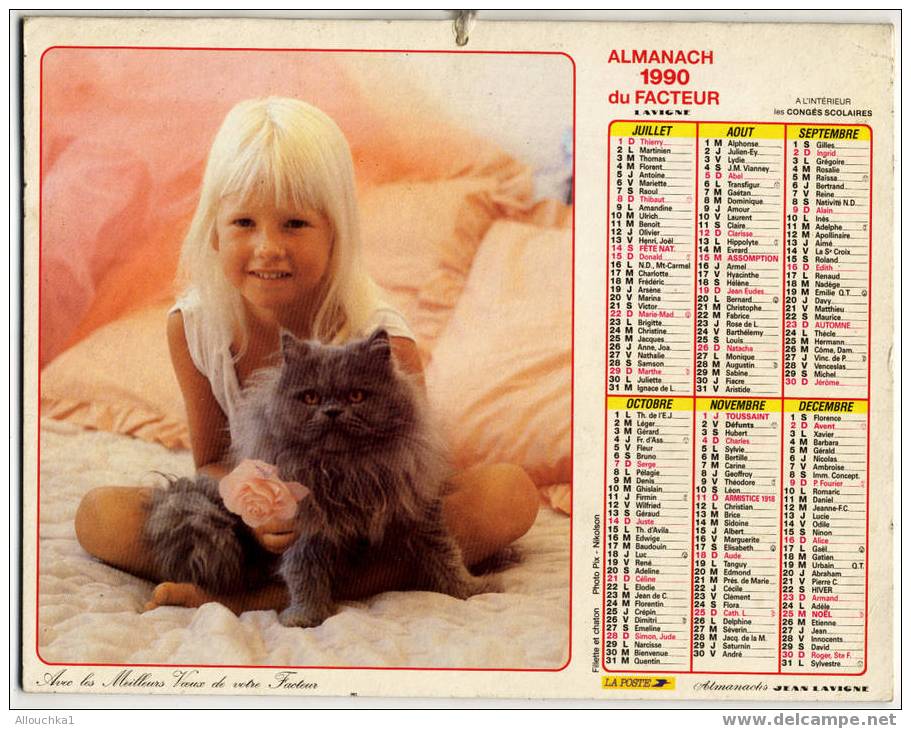 CALENDRIER ALMANACH  PTT GRAND FORMAT EN DOUBLE ANNEE 1990 FILLETTE ET CHATON /CHAT /CHATON - Grand Format : 1981-90