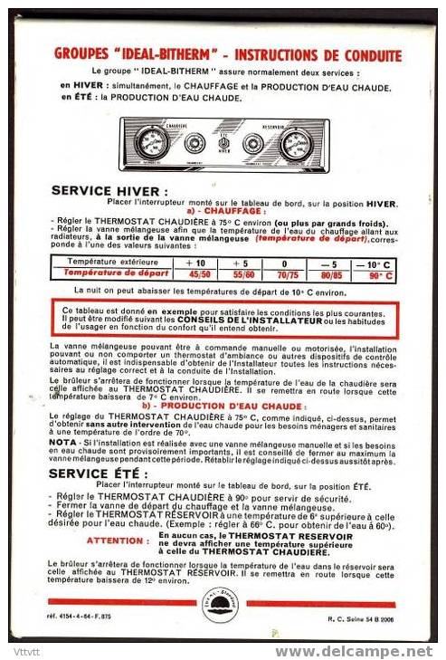 Plaque Métal "Groupe Ideal-Bitherm", Instructions De Conduite (Chauffage, Production D'eau Chaude) Attache Au Dos - Other & Unclassified