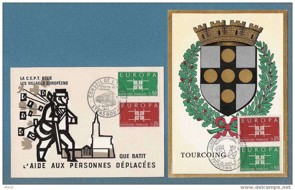 FRANCE -  2  Doc.  Avec Timbres  Europa  1963 (YT 1396, 1397) + Cachets Spéciaux - 1963