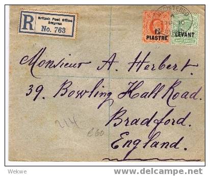 BD012 / BPO Smyrna Nach Bradford – Einschreiben 1910 - Britisch-Levant
