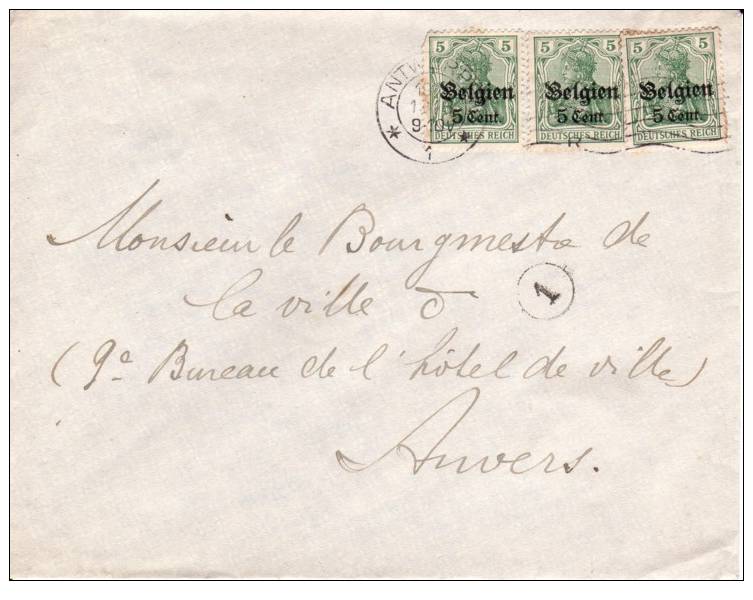 BELGIUM OCCUPATION USED COVER 1918 CANCELED BAR ANTWERPEN - OC1/25 Gouvernement Général