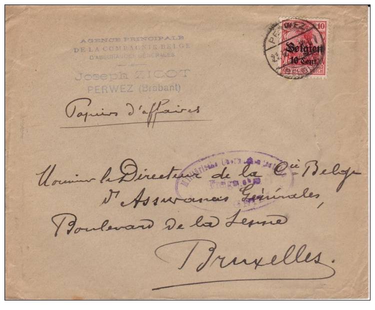 BELGIUM OCCUPATION USED COVER 1917 CANCELED BAR PERWEZ - OC1/25 Gouvernement Général