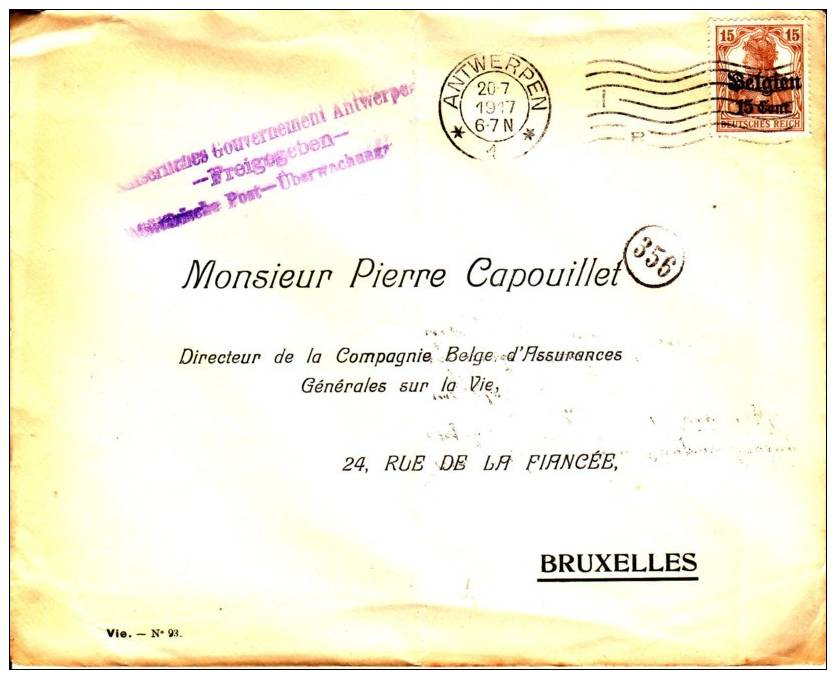 BELGIUM OCCUPATION USED COVER 1917 CANCELED BAR ANTWERPEN - OC1/25 Gouvernement Général