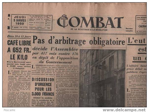 COMBAT 5 JANVIER 1950 - EUTHANASIE - MICHELE CHEDID - TENNIS TOURNOIS OPEN - VICTOR SERGE ... - Allgemeine Literatur