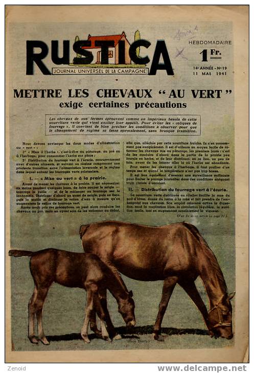 Rustica 14e Année N°19 - 11 Mai 1941 - Mettre Les Chevaux "au Vert" - Animaux