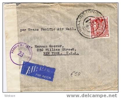 NZ001/Stamp Duty 4 Sh. Provisorium Auf Zensurbrief N.Y. USA - Brieven En Documenten