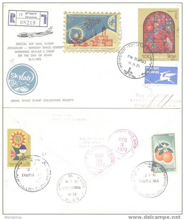 Israel-USA Extremly Beautiful Spaceship/Vaisseau Special Flight, Golden Label Cacheted Registered Cover 1973 - Asia