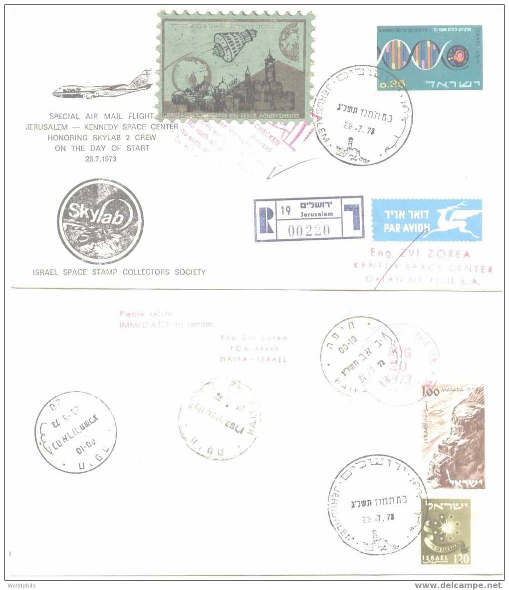 Israel-USA Extremly Beautiful Spaceship/Vaisseau Special Flight, Silver Label Cacheted Registered Cover 1973 - Asia