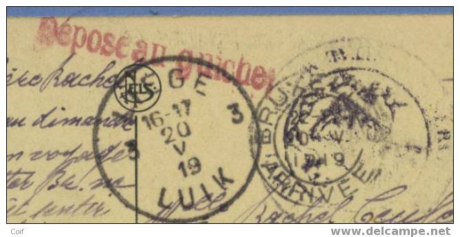 Kaart  Verzonden Met Stempel LIEGE 3 Met Stempel DEPOSE AU GUICHET  (Rood) !!! - Noodstempels (1919)