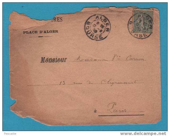 129 SUR ENVELOPPE CACHET ALGER BOURSE 1905 - VERSO CACHET PARIS XVIII DISTRIBUTION - Covers & Documents