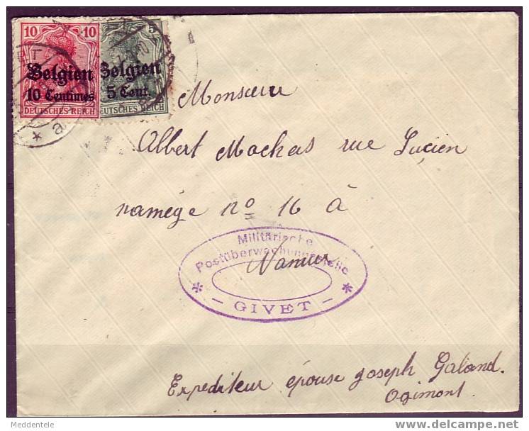 Enveloppe De GIVET *a* (FRANCE) Sur Timbres Occupation Belge 10+5 Centimes Vers Namur+Censure GIVET - OC1/25 Gouvernement Général