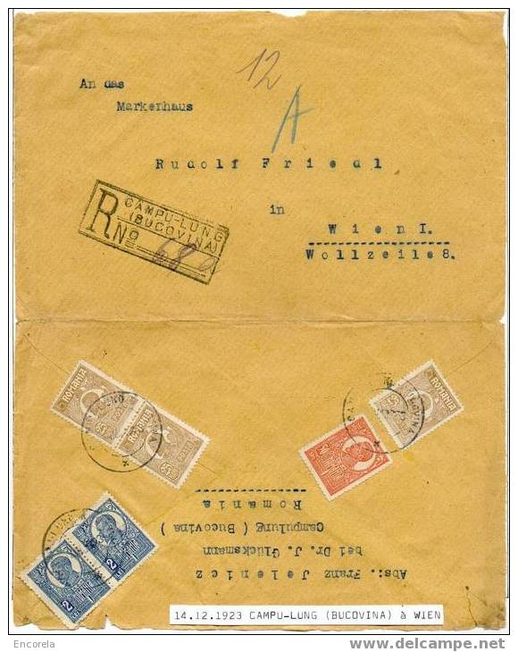 Lettre Recommandée De CAMPU-LING (BUCOVINA) Vers Vienne Le 14/12/1923.  Affr. à 5 Lei 25 Bani.  TB - 2178 - Marcophilie