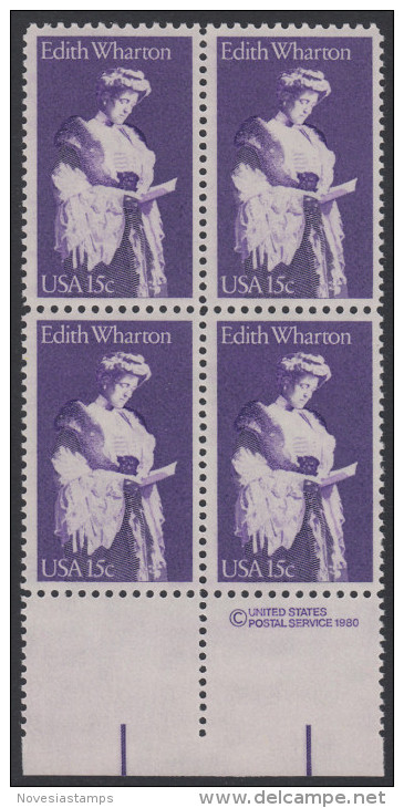 !a! USA Sc# 1832 MNH BLOCK W/ Bottom Margins & Copyright Symbol - Edith Wharton - Unused Stamps