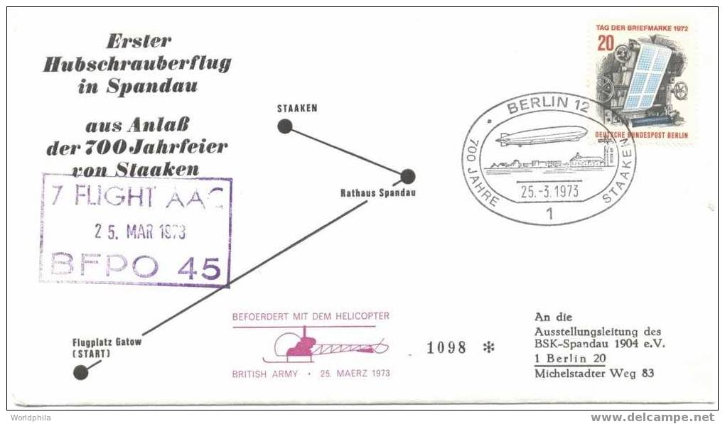 Helicopter Flight Germany Stakken-Berlin (Zeppelin PM)  Cacheted Cover 1973 - Helikopters