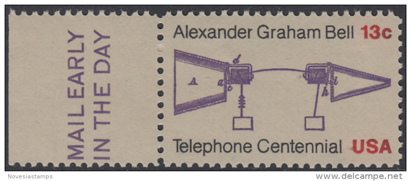 !a! USA Sc# 1683 MNH SINGLE W/ Left Margin & MailEarly - Telephone Centennial - Unused Stamps