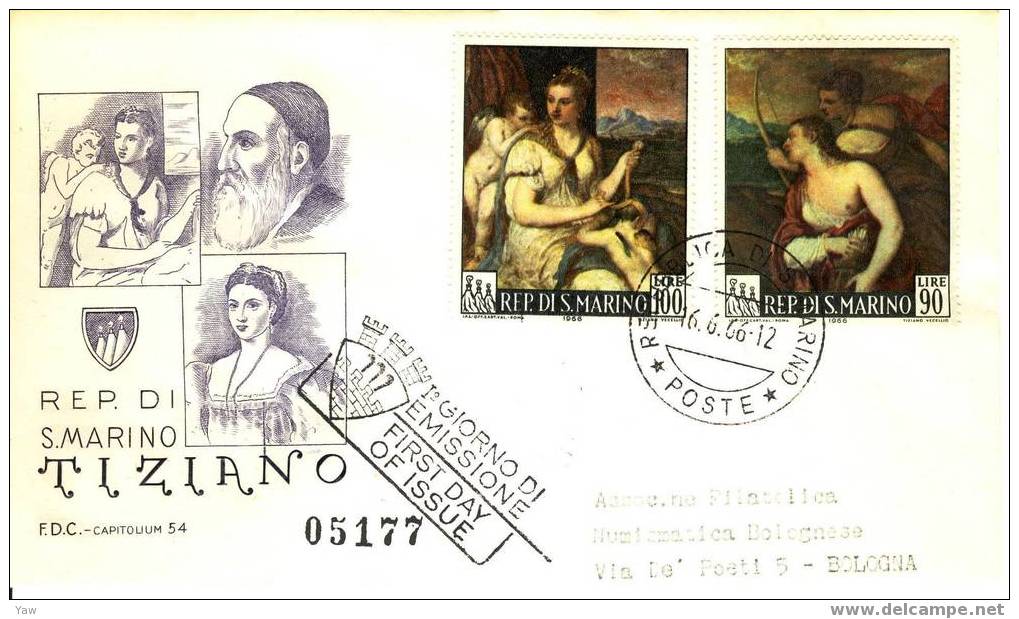SAN MARINO FDC 1966 DIPINTI DEL TIZIANO. X 2 VIAGGIATE - Impressionisme