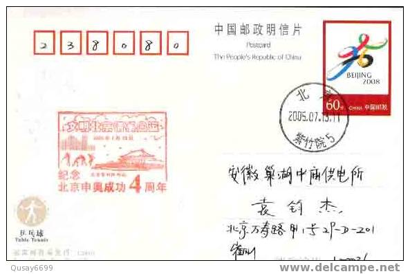 Beijing 2008 Olympic Games´ Postmark,The Fourth Anniversary Of Beijing’s Successful Bidding For The 2008 Olympic Games - Summer 2008: Beijing