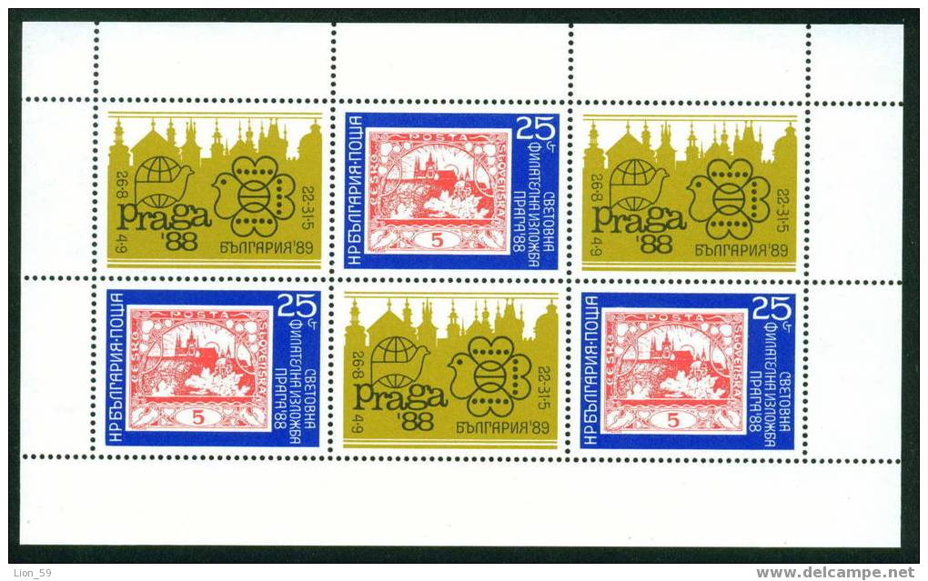 3718Ia Bulgaria 1988 PRAGA 88 Exhibition Min.Sheet **MNH /EMBLEM STAMP EXHIBITION BULGARIA 89 ; BIRD DOVE ; GLOBE - Piccioni & Colombe