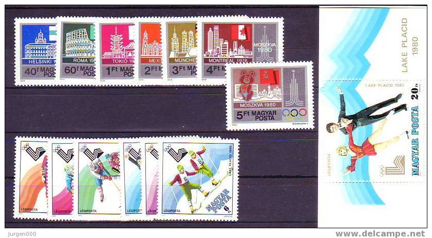 Hongarije, Nr 3355/3361A, 3390/3395A, BL140A **, Michel = 19 Euro (Y15881) - Winter 1980: Lake Placid