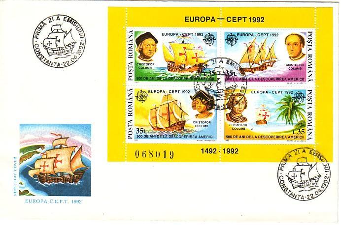 ROMANIA  EUROPA- CEPT 1992 COLUMB S/S-FDC - 1992