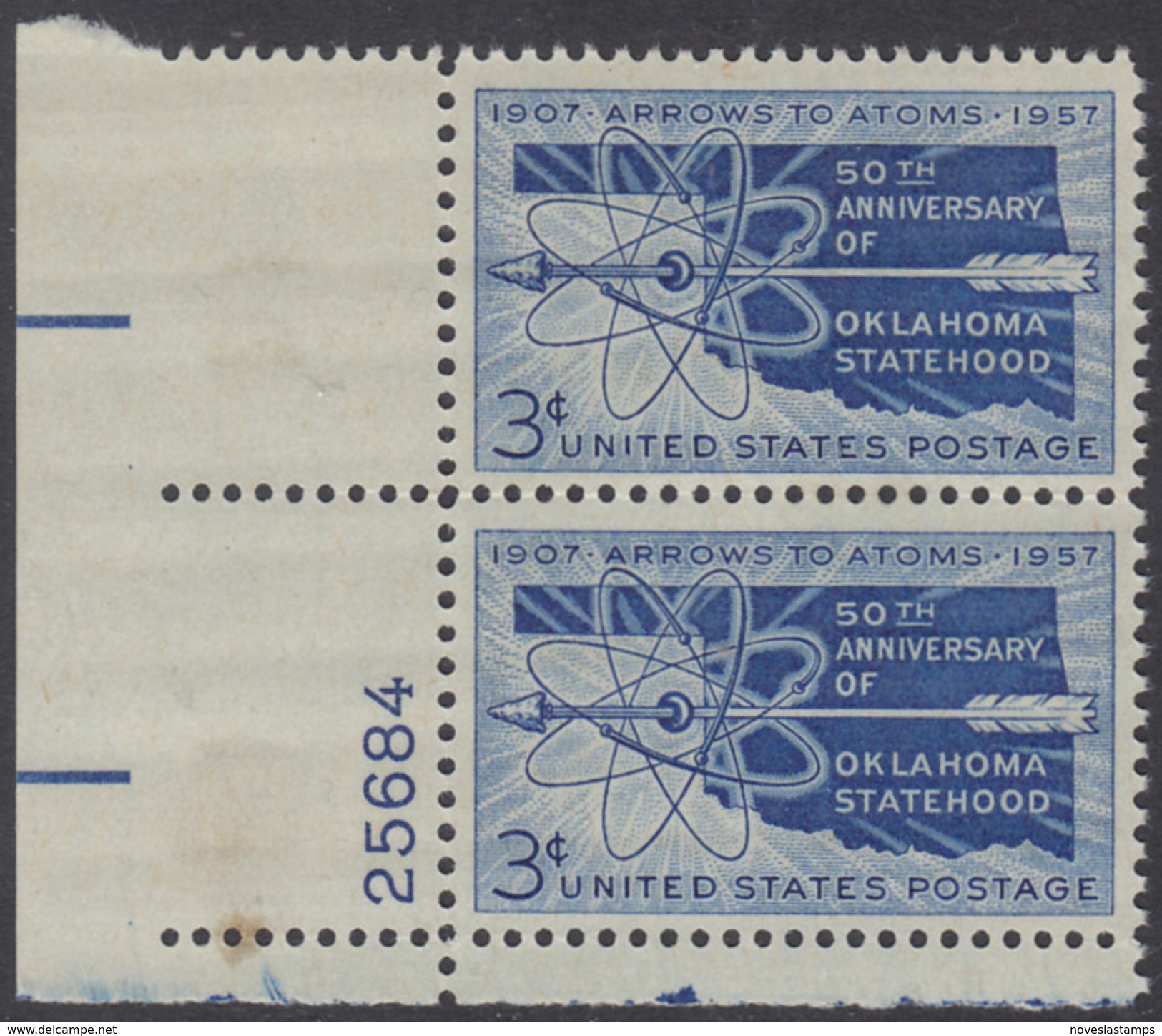 !a! USA Sc# 1092 MH Vert.PAIR From Lower Left Corner W/ Plate-# 25684 (damaged/s.Scan!) ) - Oklahoma Statehood - Ungebraucht