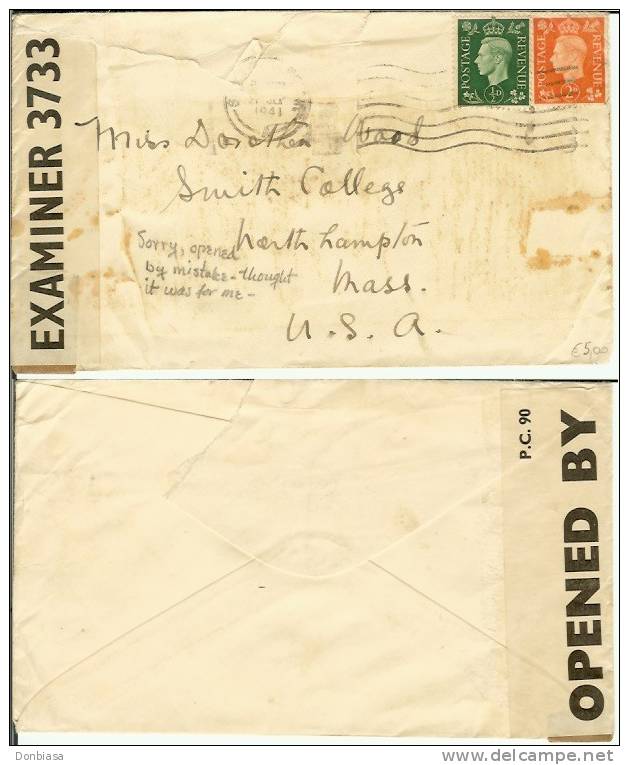 Envelope Travelled To USA In 1941, Opened By Examiner 3733. - Cartas & Documentos