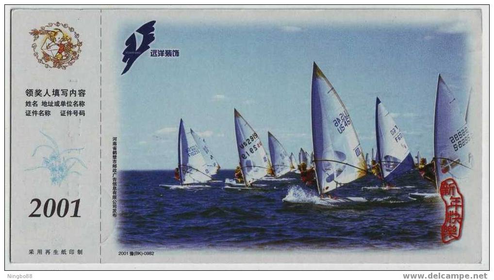 Sailboarding,Sailboard,Sailing,China 2001 Yuangyang Decorating Company Advertising Pre-stamped Card - Sailing