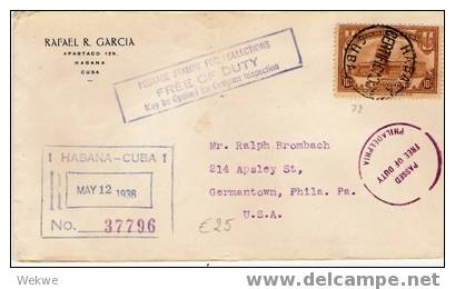 Cu015/  KUBA - Capitol Havanna 10 Cent A. Einschr. 1936. Zollbefreit In USA - Briefe U. Dokumente