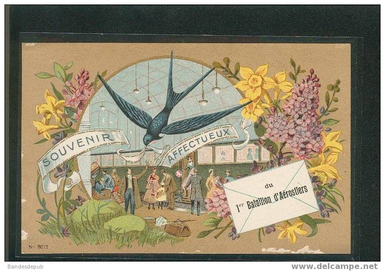 Jolie Carte Souvenir Du Premier Bataillon Aérostiers Aérostat Hirondelle Gare Train Voyage Jonquille Lilas - Balloons