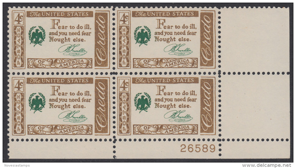 !a! USA Sc# 1140 MNH PLATEBLOCK (LR/26589) - American Credo: Franklin - Ungebraucht