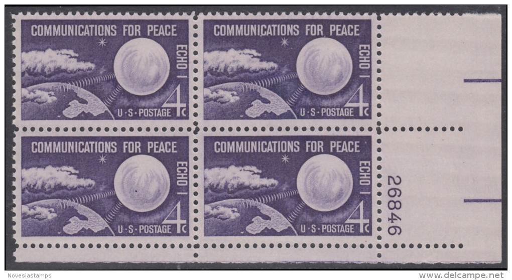 !a! USA Sc# 1173 MNH PLATEBLOCK (LR/26846) - Echo I Communications For Peace - Ongebruikt