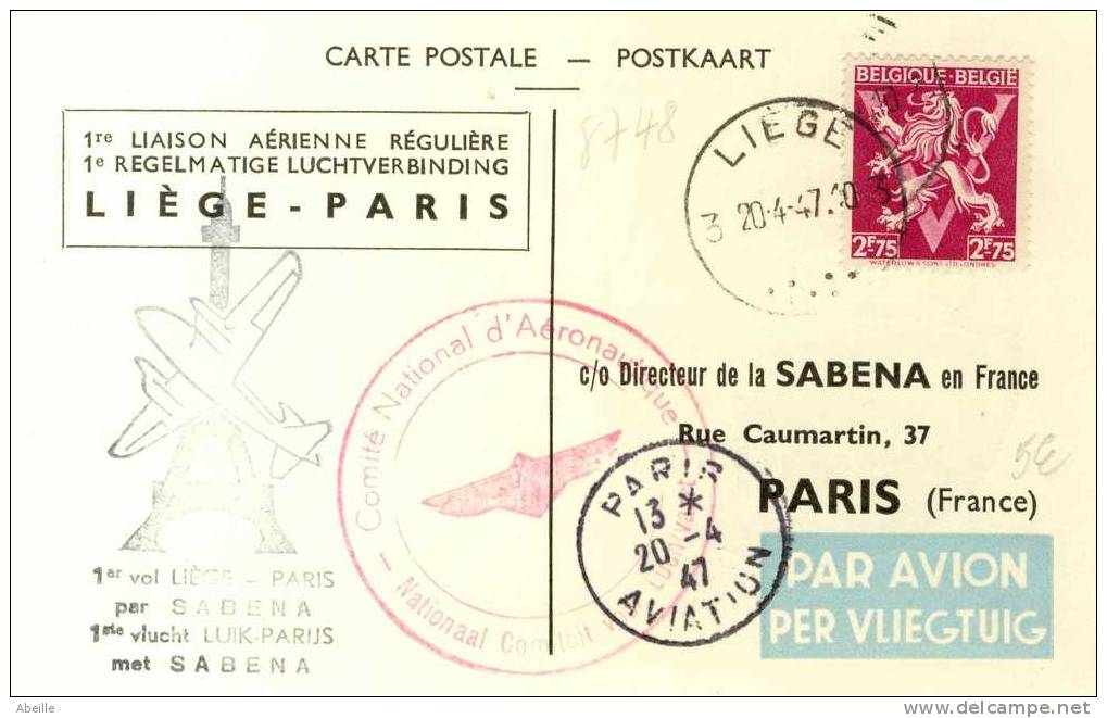 8748  1° VOL LIEGE PARIS - Covers & Documents