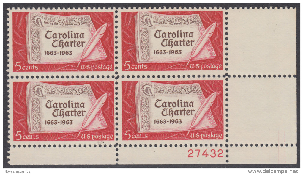 !a! USA Sc# 1230 MNH PLATEBLOCK (LR/27432) - Carolina Charter - Neufs