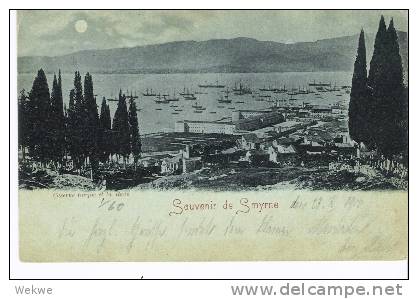 Gr-Ka011/ Smyrne, 1900. Seltener Stempel. AK Türk. Kaserne/Hafen, Nach Berlin - Smyrna & Asie Mineur
