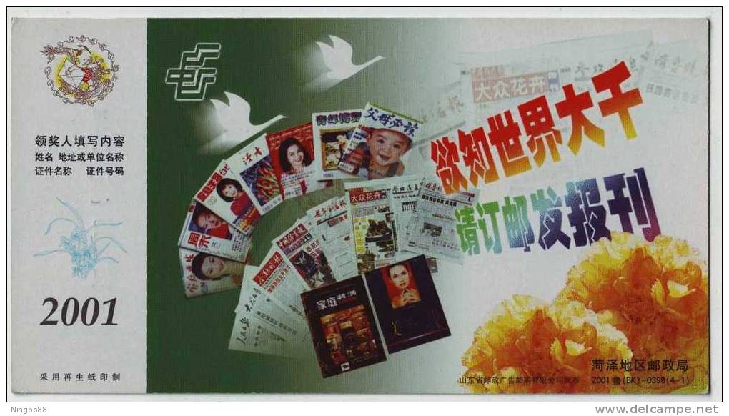 Swan Goose Bird,heze Peony Flower,China 2001 Hese Post Office Newspaper & Magazine Publishing Advert Pre-stamped Card - Oche