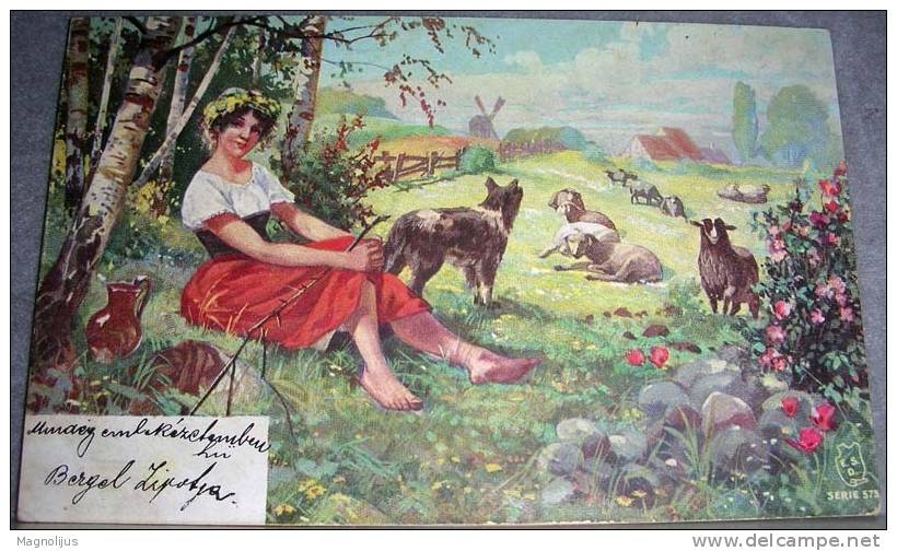 Shepherdess,Girl,Sheeps,Dog,Field,Windmill,vintage  Postcard - Farms