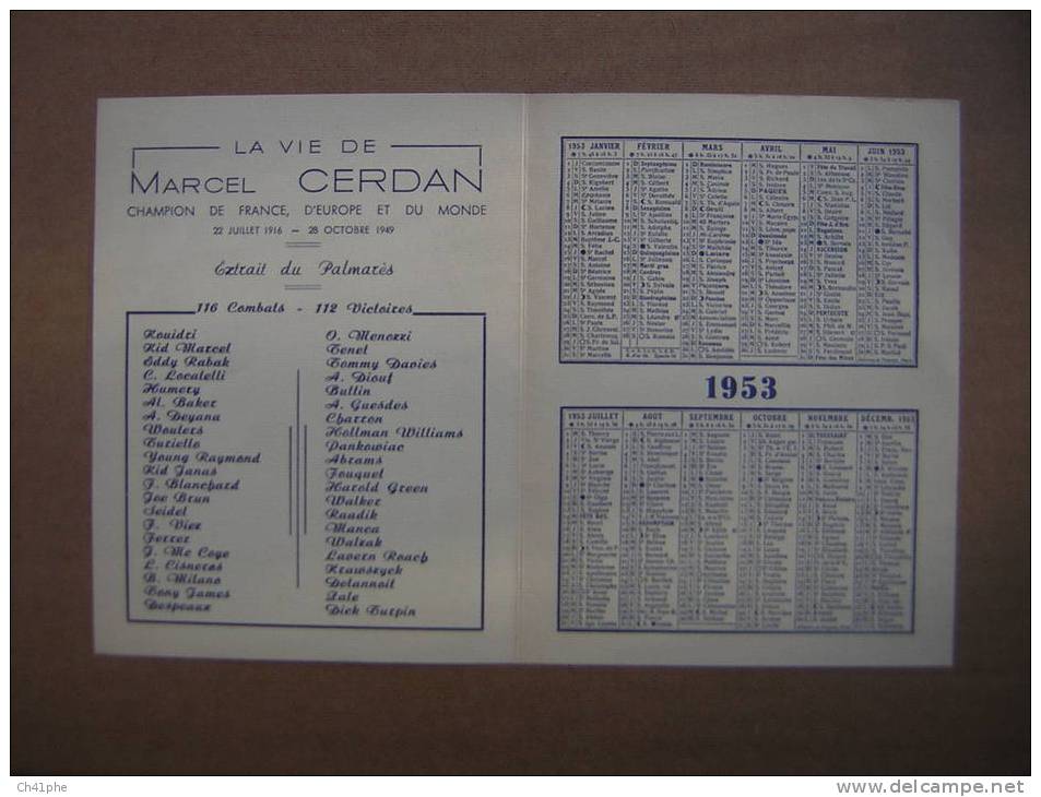 MARCEL CERDAN / CALENDRIER DE 1953 / BOXE / SPORT / BRASERIE MARCEL CERDAN / BIERE / RARE ET BEAU DOCUMENT - Small : 1941-60