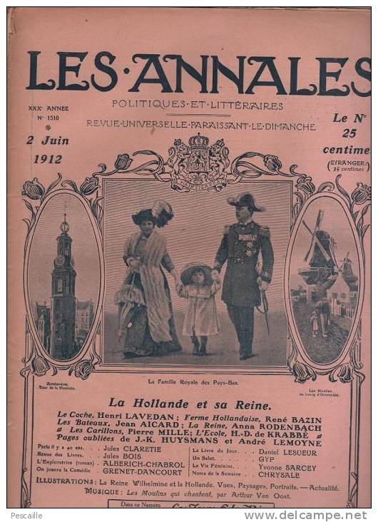 LES ANNALES 2 JUIN 1912 - HOLLANDE REINE WILHELMINE OVERSCHIE - DUMAS PORT MARLY - ANGELE KOPPE - Allgemeine Literatur