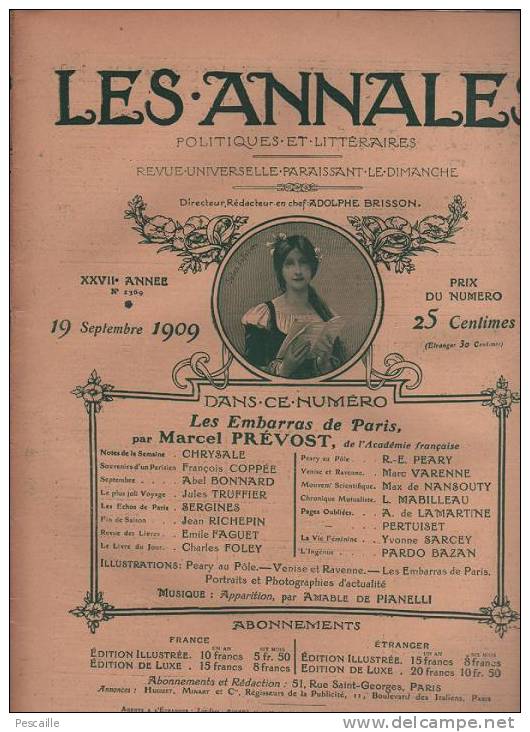 LES ANNALES 19 SEPTEMBRE 1909 - POLE NORD COOK PEARY - VENISE RAVENNE - EMBARRAS DE PARIS - MAROC ESPAGNOLS - Allgemeine Literatur