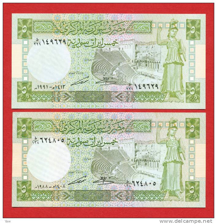 BANCONOTE 5 POUNDS X 2, 1988 + 1991, UNC. - Syrien