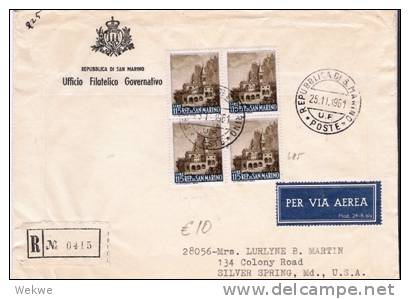 SM004/ SAN MARINO -    Marktplatz Und Gebäude 4-er Block 1961, USA - Lettres & Documents