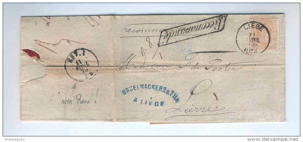 Lettre TP  No 33 LIEGE 1876 à LIERRE - Griffe Encadrée Recommandé - Verso Ambulant DC EST . I ( Coba 30 EUR) --  DT299 - Bahnpoststempel