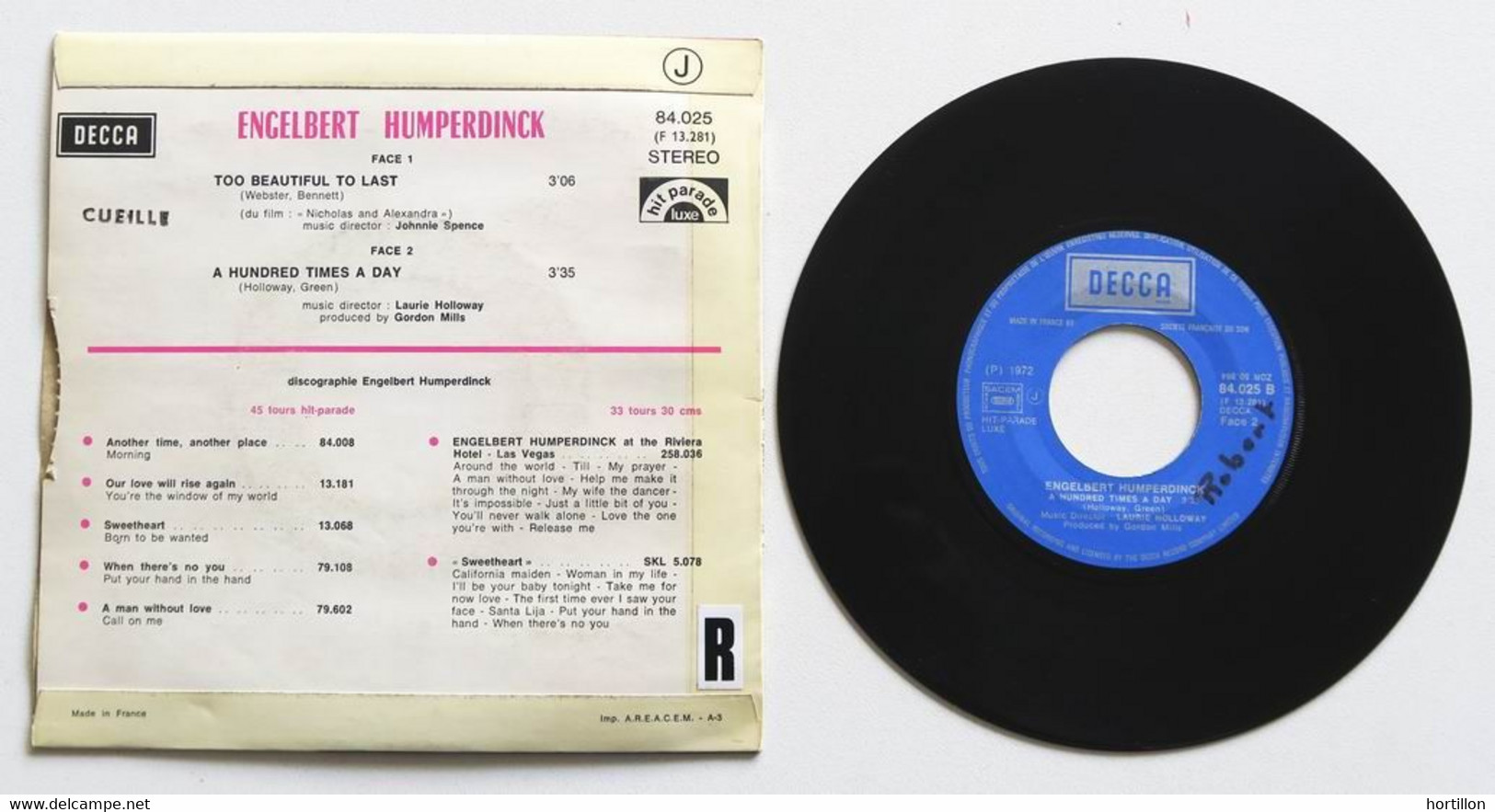 Engelbert Humperdinck - Too Beautiful To Last - 7" 45 Tours Vinyle SP DECCA - Collectors