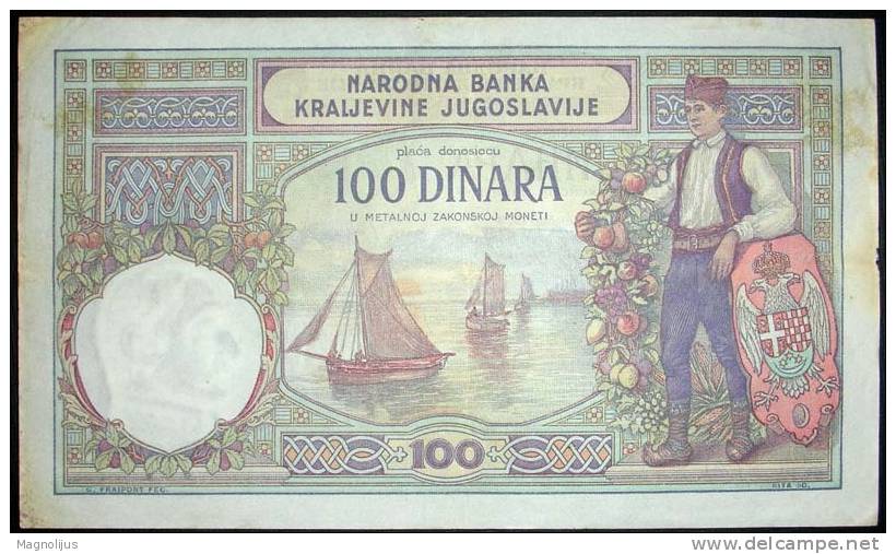 Banknote,paper Money,100 Dinars,Watermark-Obrenovic,Yugoslavia Kingdom,1929.,dim 155x88mm - Joegoslavië