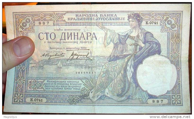 Banknote,paper Money,100 Dinars,Watermark-Obrenovic,Yugoslavia Kingdom,1929.,dim 155x88mm - Joegoslavië