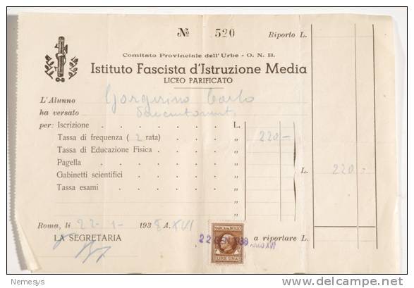 RICEVUTA PAGAMENTO Istituto Fascista Di Istruzione Media Con Bollo 1938 - Steuermarken